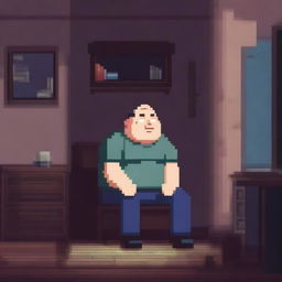 A chubby and balding 40-year-old man, sad and gloomy, is sitting in his dirty room