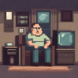 A chubby and balding 40-year-old man, sad and gloomy, is sitting in his dirty room