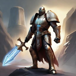 A majestic Warforged paladin standing tall and proud, wielding a gleaming halberd