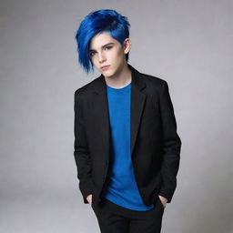 A young boy with vibrant blue hair, wearing a sleek black jacket and black pants, all complemented by his fair white skin.