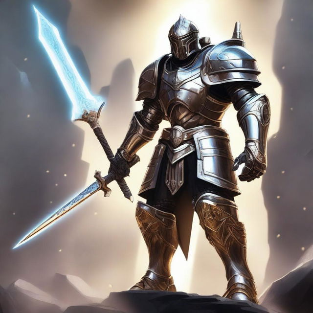 A majestic Warforged paladin standing tall and proud, wielding a gleaming halberd