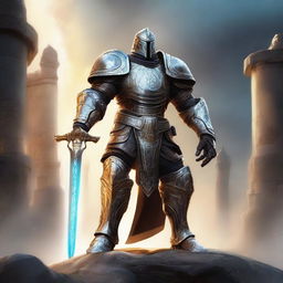 A majestic Warforged paladin standing tall and proud, wielding a gleaming halberd