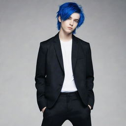 A young boy with vibrant blue hair, wearing a sleek black jacket and black pants, all complemented by his fair white skin.