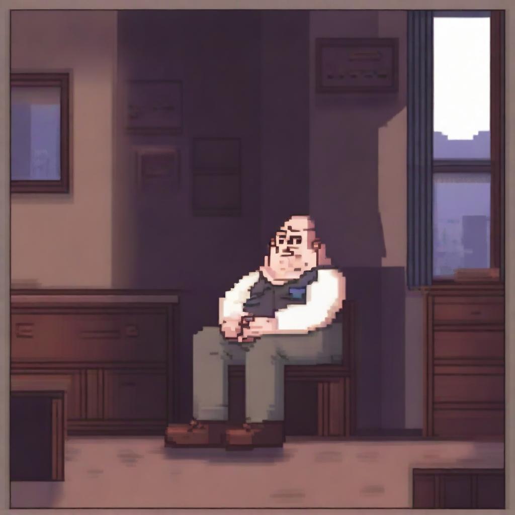 A background for a game featuring a chubby and balding 40-year-old man, sad and gloomy, sitting in his dirty room