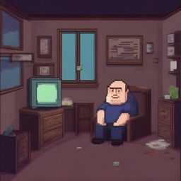 A background for a game featuring a chubby and balding 40-year-old man, sad and gloomy, sitting in his dirty room