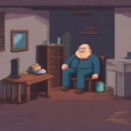 A background for a game featuring a chubby and balding 40-year-old man, sad and gloomy, sitting in his dirty room