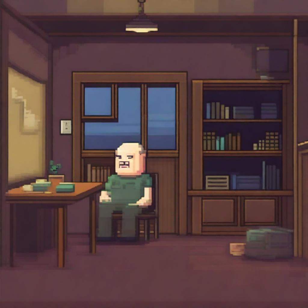 A background for a game featuring a chubby and balding 40-year-old man, sad and gloomy, sitting in his dirty room