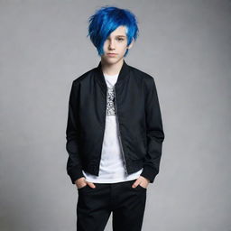 A young boy with vibrant blue hair, wearing a sleek black jacket and black pants, all complemented by his fair white skin.