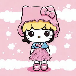 Create an image of Hello Kitty wearing a cute outfit