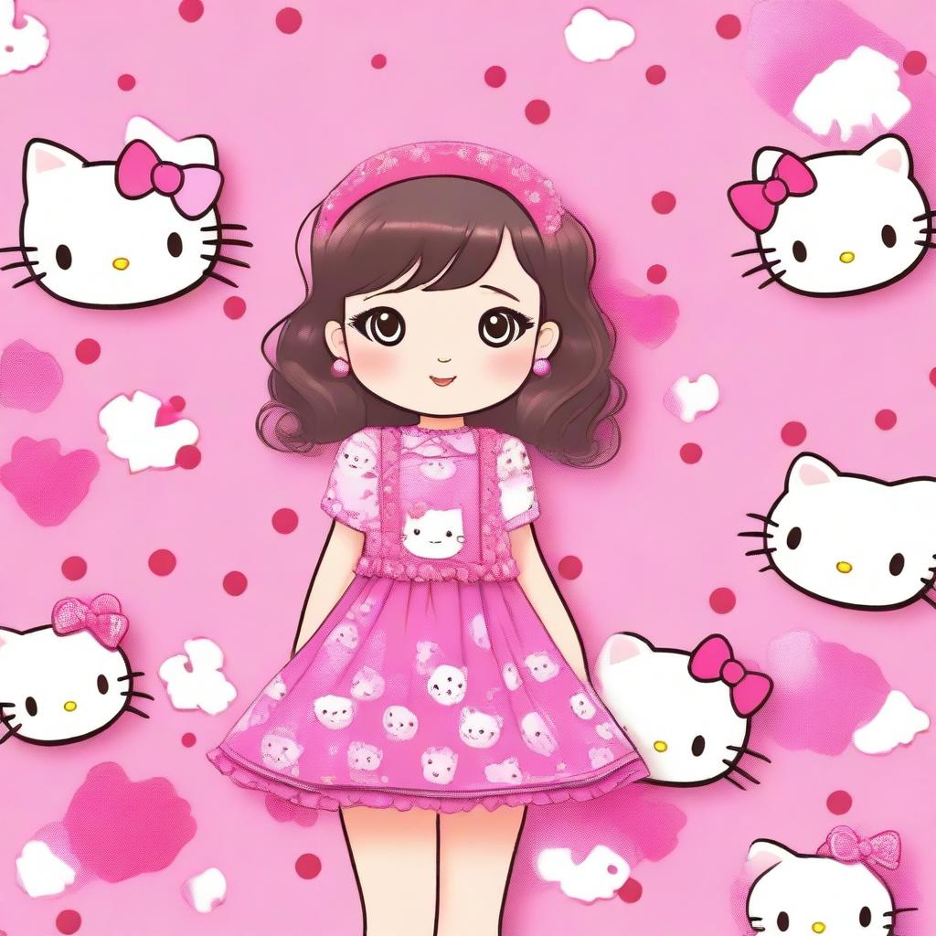 A cute girl dressed in Hello Kitty themed clothes, featuring a pink dress with Hello Kitty patterns, matching accessories, and a cheerful expression