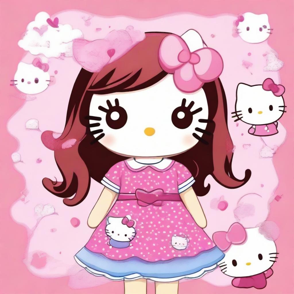 A cute girl dressed in Hello Kitty themed clothes, featuring a pink dress with Hello Kitty patterns, matching accessories, and a cheerful expression