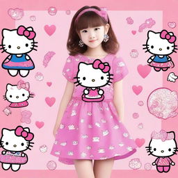 A cute girl dressed in Hello Kitty themed clothes, featuring a pink dress with Hello Kitty patterns, matching accessories, and a cheerful expression