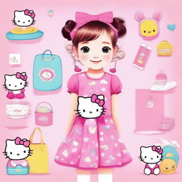 A cute girl dressed in Hello Kitty themed clothes, featuring a pink dress with Hello Kitty patterns, matching accessories, and a cheerful expression