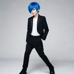 A young boy with vibrant blue hair, wearing a sleek black jacket and black pants, all complemented by his fair white skin.