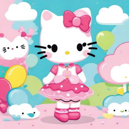 A charming illustration of Hello Kitty in a complete cute outfit, featuring a stylish dress, matching accessories, and a cheerful expression