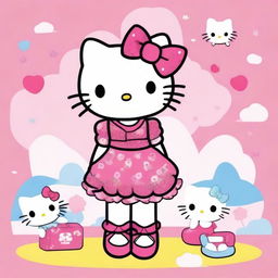 A charming illustration of Hello Kitty in a complete cute outfit, featuring a stylish dress, matching accessories, and a cheerful expression