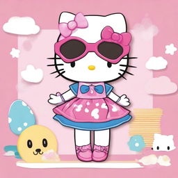 A charming illustration of Hello Kitty in a complete cute outfit, featuring a stylish dress, matching accessories, and a cheerful expression