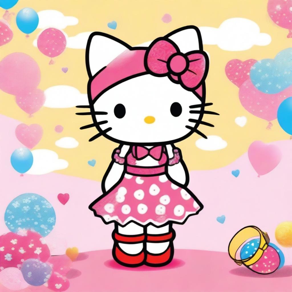 A charming illustration of Hello Kitty in a complete cute outfit, featuring a stylish dress, matching accessories, and a cheerful expression