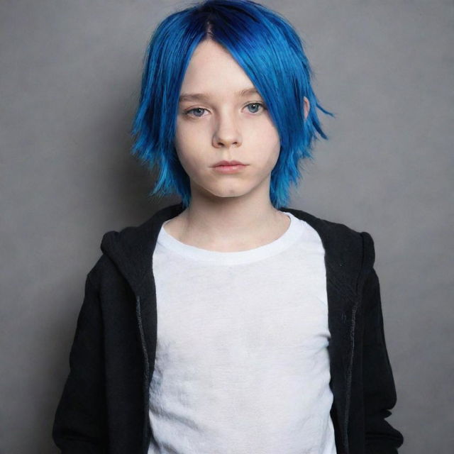 The boy now features fair, white skin, contrasting with his blue hair and dark clothing.