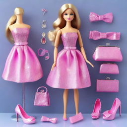 A stylish Barbie girl outfit featuring a pink dress with sparkles, high heels, and matching accessories