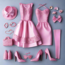 A stylish Barbie girl outfit featuring a pink dress with sparkles, high heels, and matching accessories