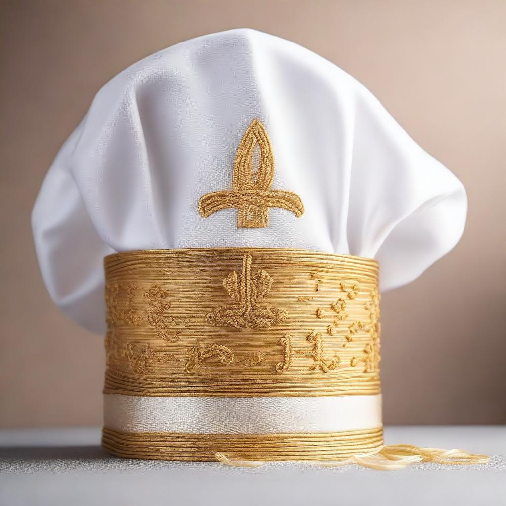 This elegant chef's hat, woven from the threads of divine inspiration and blessed by god, is adorned with shimmering golden embroidery and sacred pasta symbols