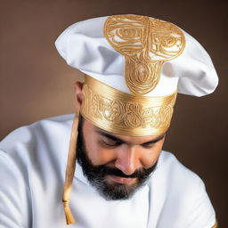 This elegant chef's hat, woven from the threads of divine inspiration and blessed by god, is adorned with shimmering golden embroidery and sacred pasta symbols