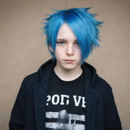 The boy now features fair, white skin, contrasting with his blue hair and dark clothing.