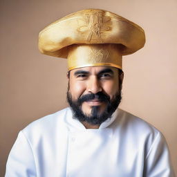 This elegant chef's hat, woven from the threads of divine inspiration and blessed by god, is adorned with shimmering golden embroidery and sacred pasta symbols