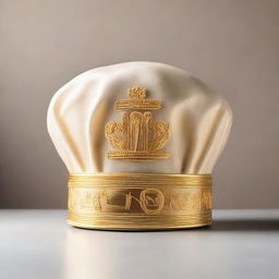 This elegant chef's hat, woven from the threads of divine inspiration and blessed by god, is adorned with shimmering golden embroidery and sacred pasta symbols