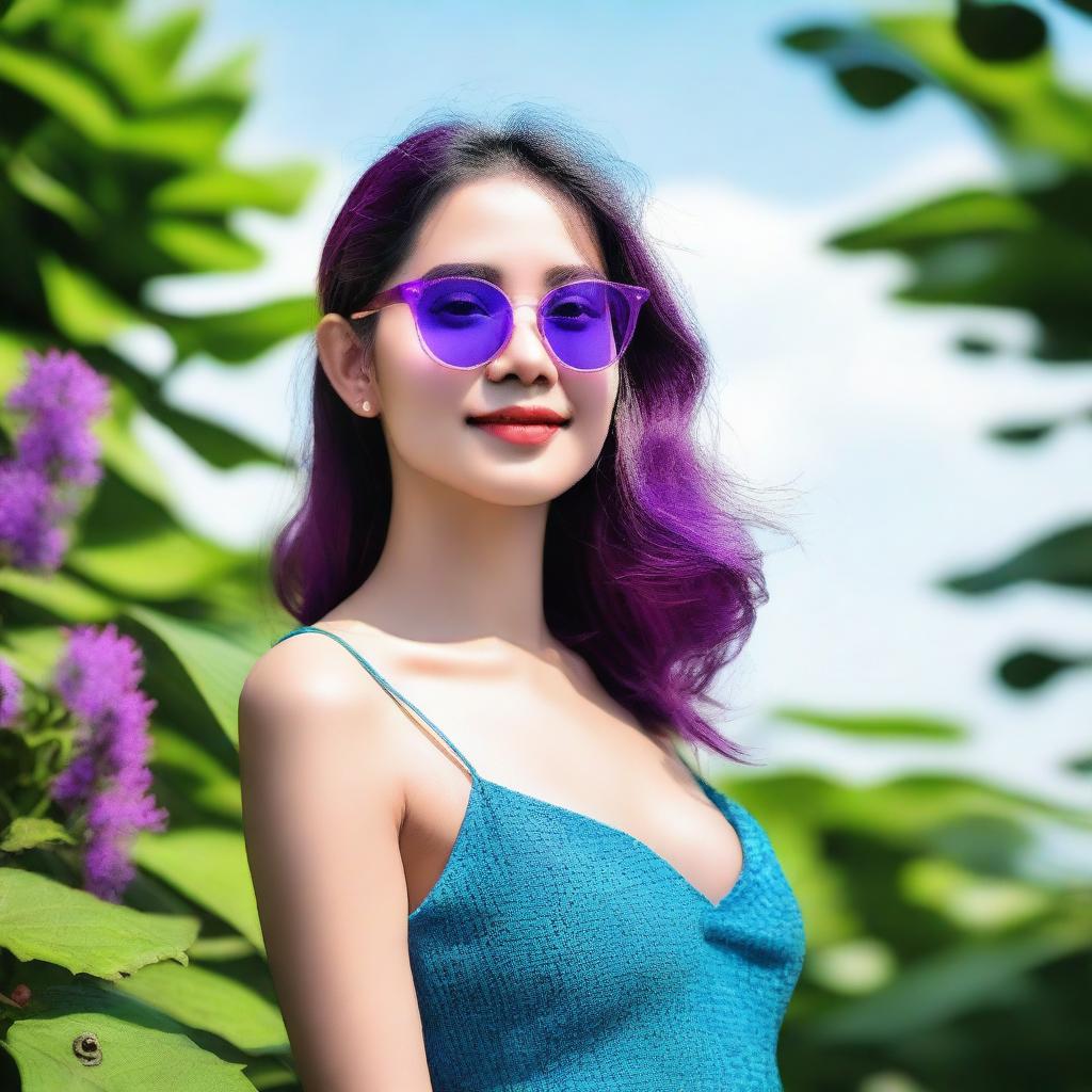 A person wearing stylish purple glasses and a blue dress