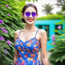 A person wearing stylish purple glasses and a blue dress