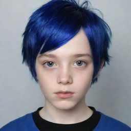 The boy now features fair, white skin, contrasting with his blue hair and dark clothing.