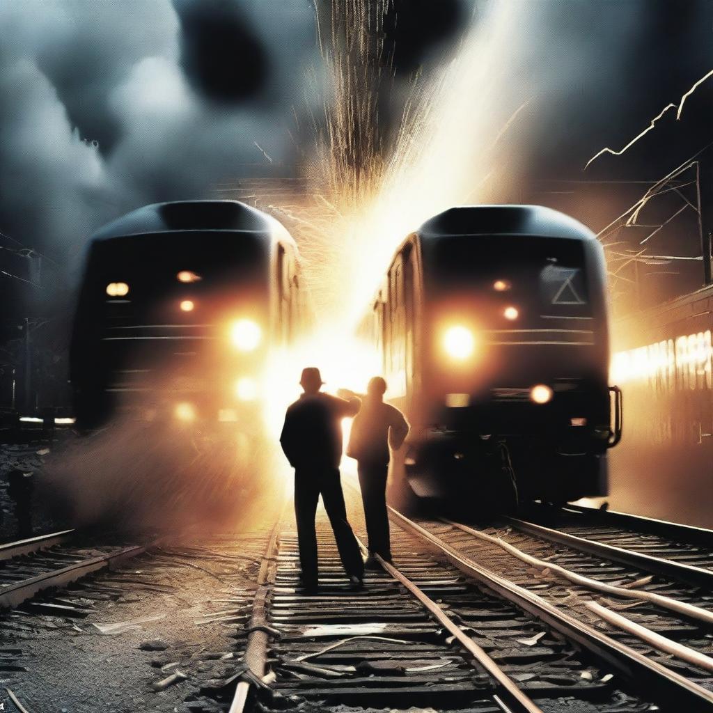 A dramatic poster showing two trains on a collision course, with sparks flying and debris in the air