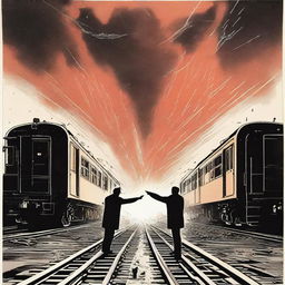 A dramatic poster showing two trains on a collision course, with sparks flying and debris in the air