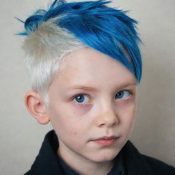 The boy now features fair, white skin, contrasting with his blue hair and dark clothing.