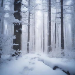 A mystical, snow-covered forest with hidden secrets