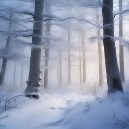 A mystical, snow-covered forest with hidden secrets