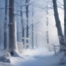 A mystical, snow-covered forest with hidden secrets