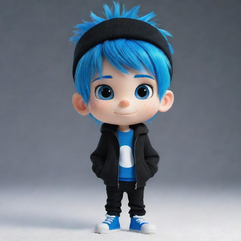 The boy, now a detailed cartoon character, with snowy white skin, vibrant blue hair and stylish black clothes.