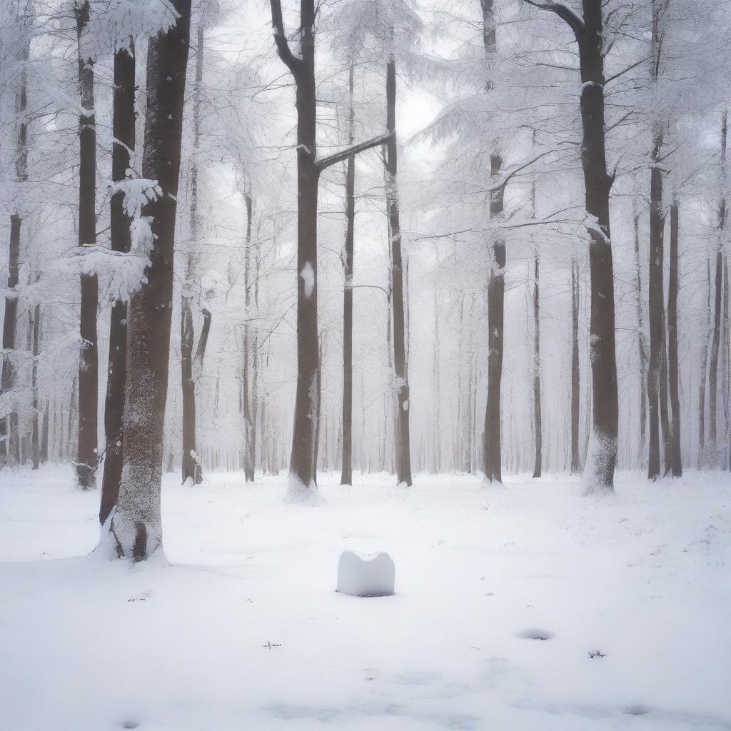 A snow-covered forest with a partially buried letter on the ground