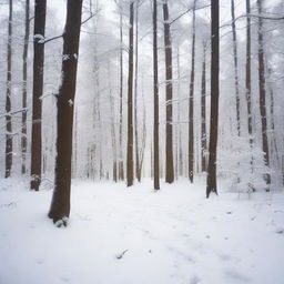 A snow-covered forest with a partially buried letter on the ground