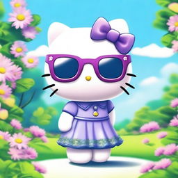 Hello Kitty character wearing stylish purple glasses and a blue dress