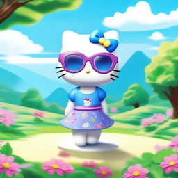 Hello Kitty character wearing stylish purple glasses and a blue dress