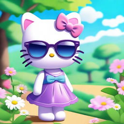 Hello Kitty character wearing stylish purple glasses and a blue dress