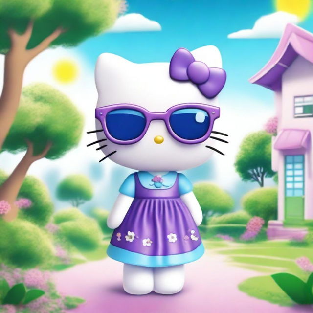 Hello Kitty character wearing stylish purple glasses and a blue dress