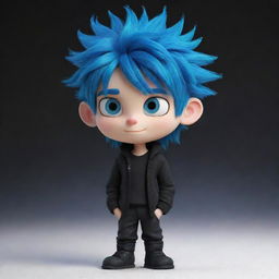 The boy, now a detailed cartoon character, with snowy white skin, vibrant blue hair and stylish black clothes.