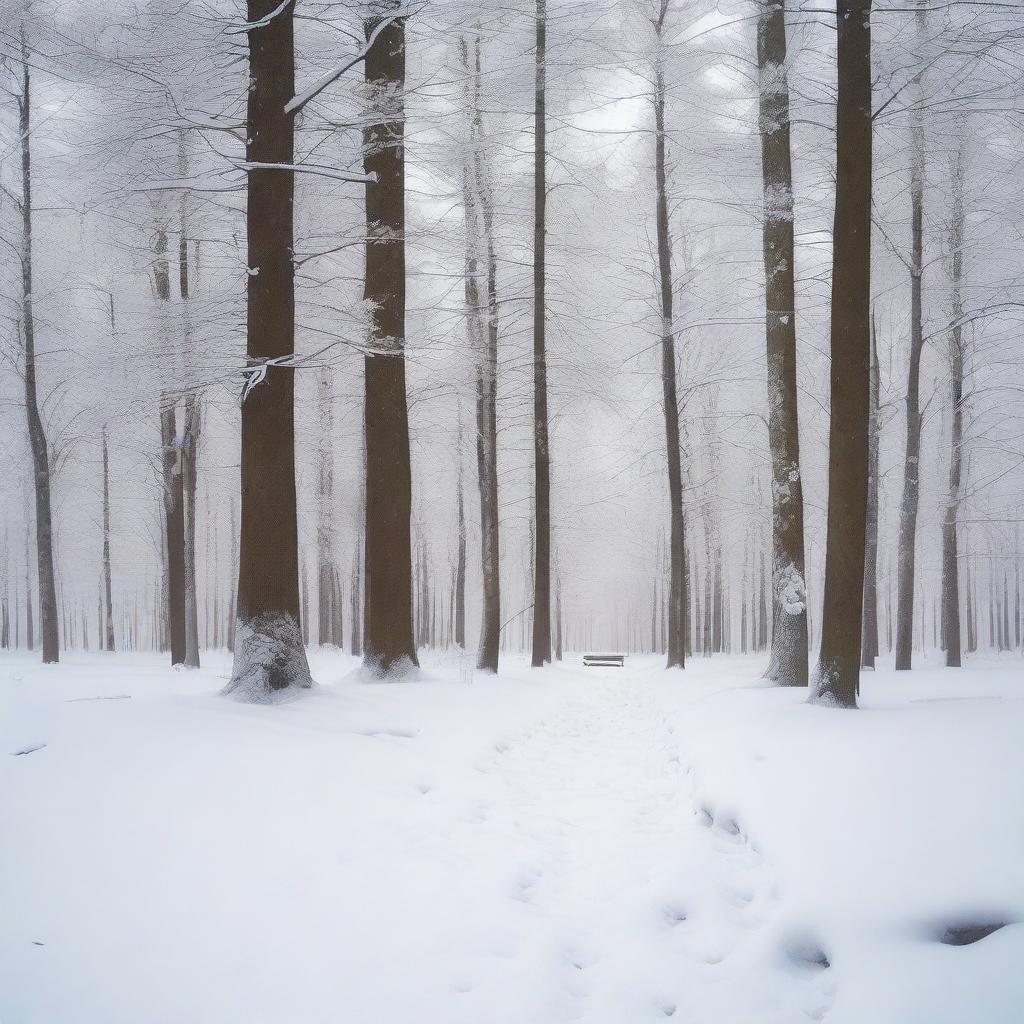 A tranquil, snow-covered forest with a partially buried letter on the ground