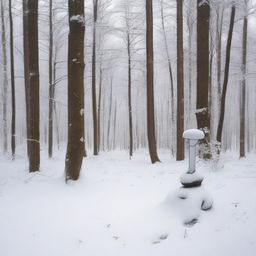 A tranquil, snow-covered forest with a partially buried letter on the ground