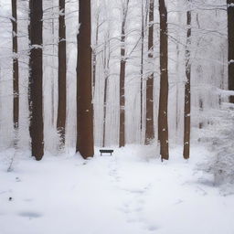 A tranquil, snow-covered forest with a partially buried letter on the ground